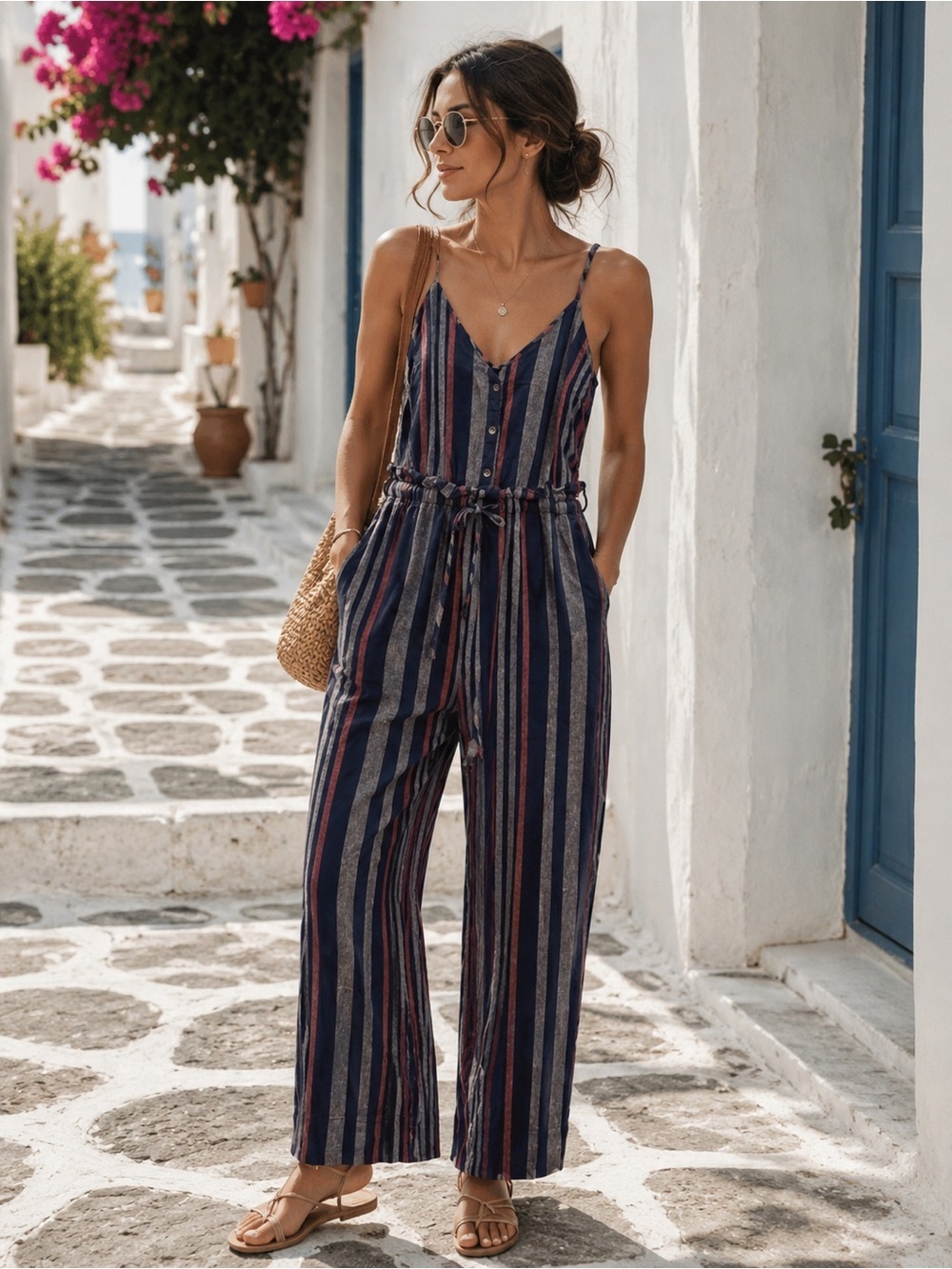 Evereve Splendid Linen Blend Wide Leg Jumpsuit Stripe Drawstring V-Neck X-Small